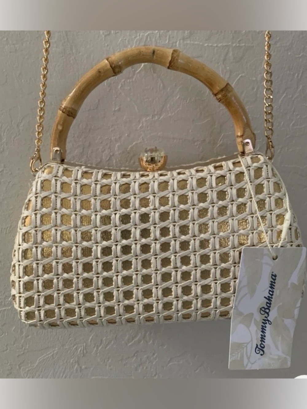 Tommy Bahama Gold White Woven Frame Bamboo Handle Gold Chain Kiss Lock Strap NWT
